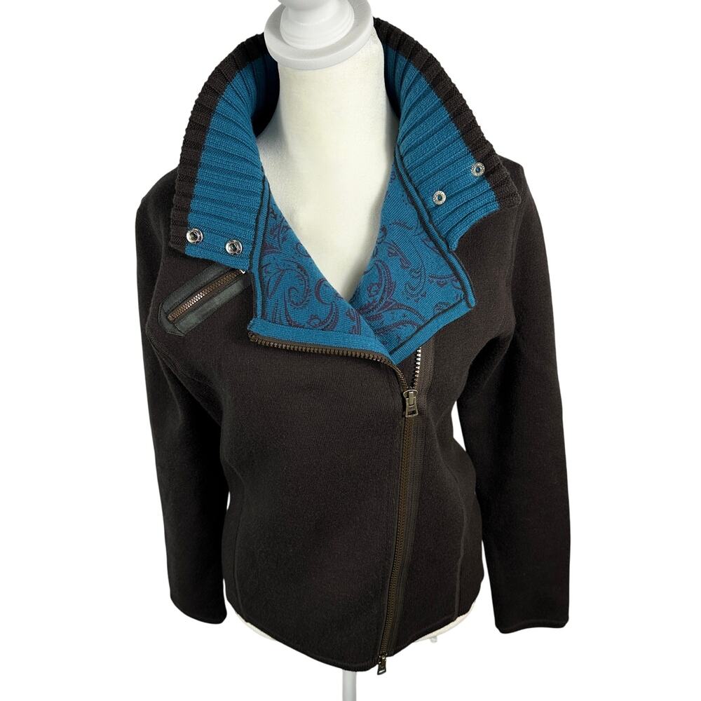 Title Nine Wool Blend Moto Knit Sweater XS Brown Teal Asymmetrical Zip Jacket